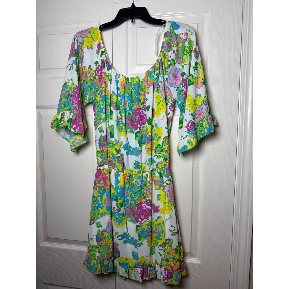 Floral Ruffle Mini Dress Pink Yellow Blue Green Made in USA Small Newbury Kustom